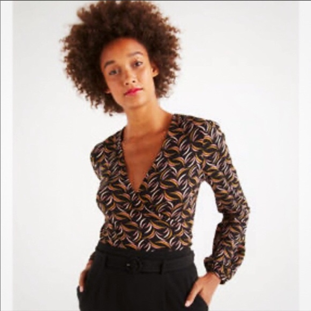 Boden Black and Gold Patterned Wrap Top